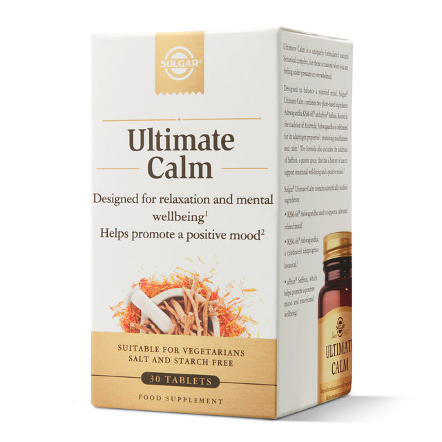 A close-up image of Solgar Ultimate Calm, 30 tablets, showing the product packaging and tablets designed to support relaxation and emotional wellbeing using natural botanical extracts like Ashwagandha and Saffron