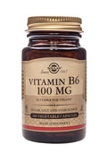 Close-up of Solgar Vitamin B6 100mg capsules, highlighting the product packaging and label information