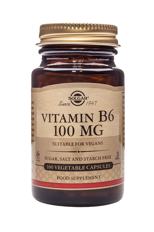 Close-up of Solgar Vitamin B6 100mg capsules, highlighting the product packaging and label information