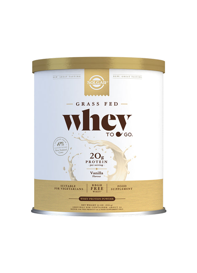A jar of Solgar Whey To Go Natural Vanilla Flavour Protein Powder, 936g, featuring a clear label highlighting its vanilla flavour, micro-filtered whey protein, and added L-Glutamine and BCAAs, ideal for muscle support and recovery