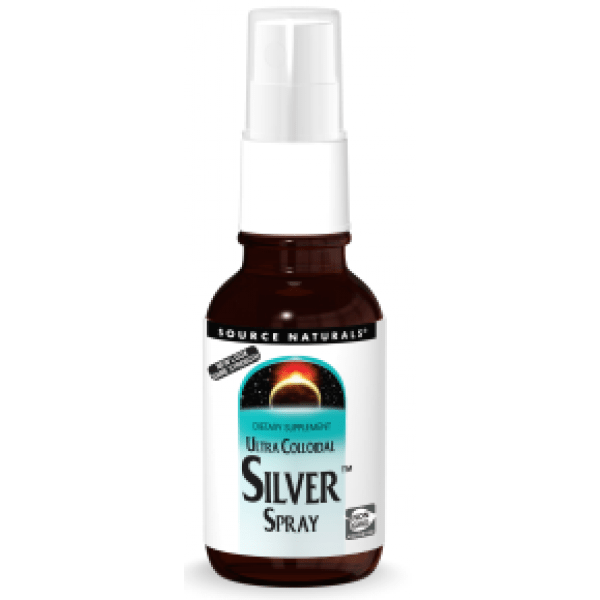 A 29ml bottle of Source Naturals Wellness Silver Throat Spray containing ultra colloidal silver with homogenous, tiny silver particles suspended in water, suitable for vegans