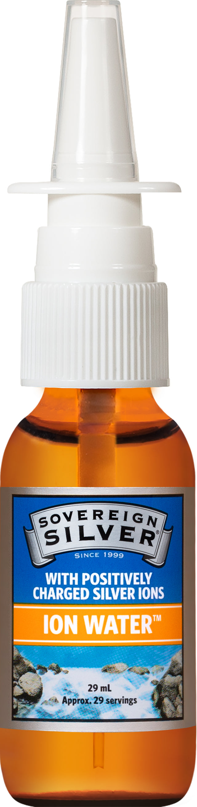 Sovereign Silver Ion Water vertical spray bottle demonstrating safe, pure silver ion water packaging