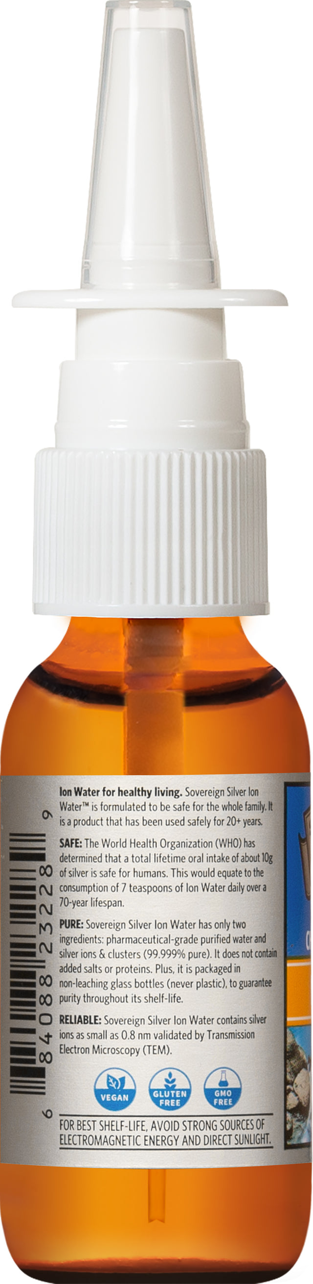 Close-up of Sovereign Silver Ion Water 29ml spray with transparent glass bottle highlighting purity and quality