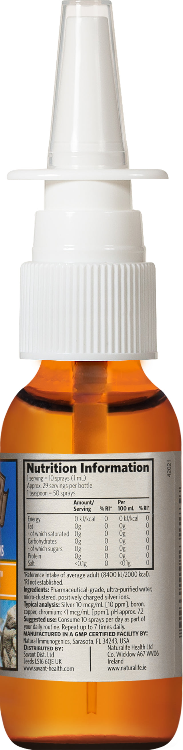 Product shot of Sovereign Silver Ion Water spray emphasizing its suitability for the whole family and long-term use