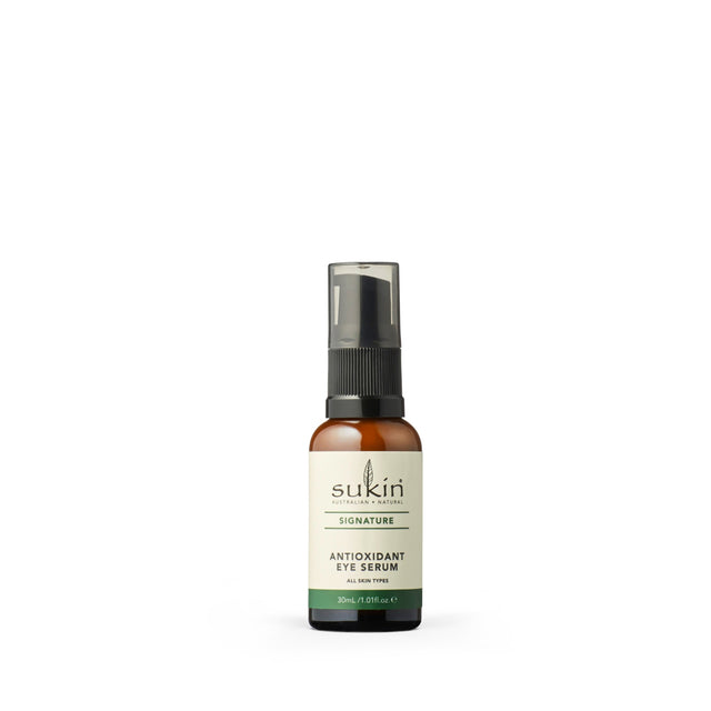 A 30ml Sukin Antioxidant Eye Serum bottle with natural ingredients such as aloe vera, cucumber, burdock, rose hip oil, evening primrose, and borage oils, designed to reduce puffiness, dark circles, and dehydration around the delicate eye area