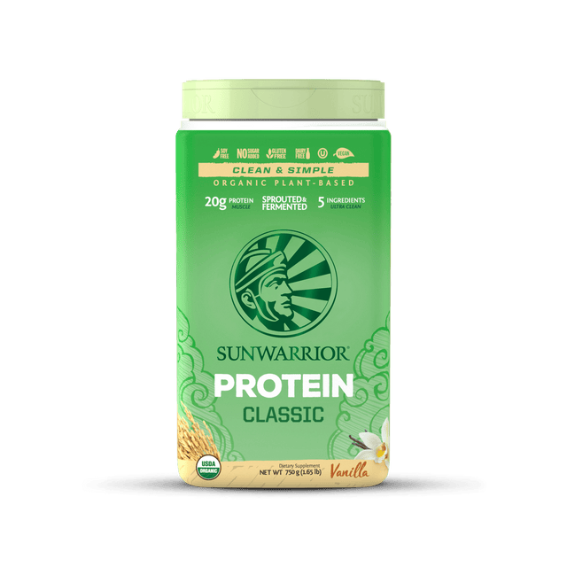 A 750g jar of Sunwarrior Classic Protein in vanilla flavour, featuring raw vegan ingredients ideal for athletes, body builders, and health enthusiasts aiming for anti-ageing, fat loss, muscle building, and overall health and fitness