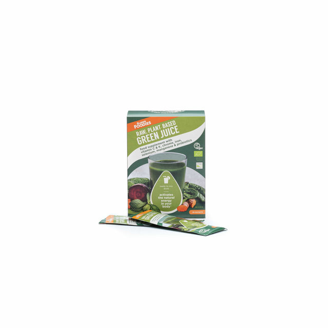 Fresh green Superfoodies Green Juice sachets showcasing organic ingredients and vibrant packaging