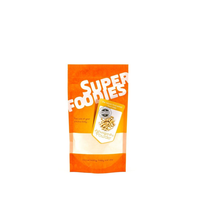 Image of Superfoodies Organic Ashwagandha Powder in a 90g package, showcasing the raw, organic-certified root powder used in Ayurvedic traditions, emphasizing natural, sustainable, and transparent sourcing