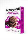 Luxurious supergood chewy chunky choc chip cookie mix made from ancient grains, raw cacao, and coconut sugar