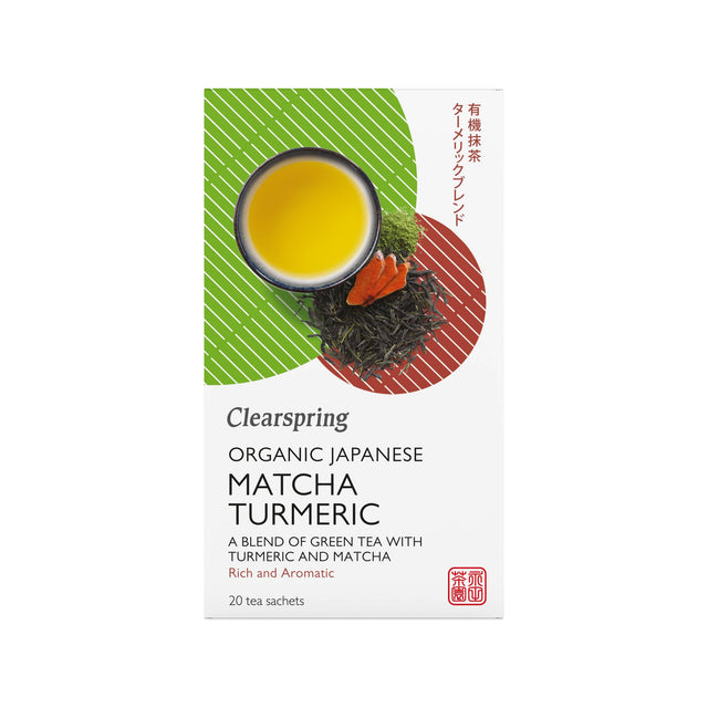 A package of Clearspring Organic Japanese Matcha Turmeric Green Tea with 20 biodegradable tea bags, featuring a blend of sencha green tea leaves, organic turmeric, and matcha green tea powder for a vibrant, healthful beverage