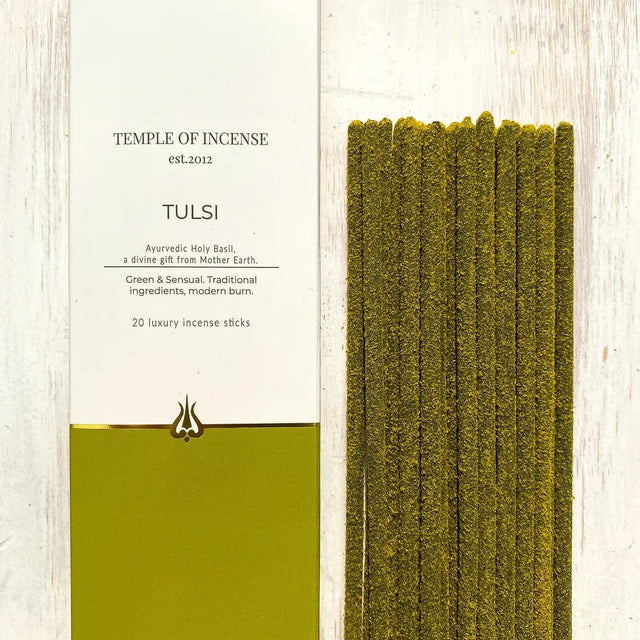 A box of Temple of Incense Tulsi, 20 handcrafted incense sticks made from sacred Tulsi plant, featuring natural resins, herbs, and essential oils, designed to purify and energise the air with a fragrant, green, and oriental aroma