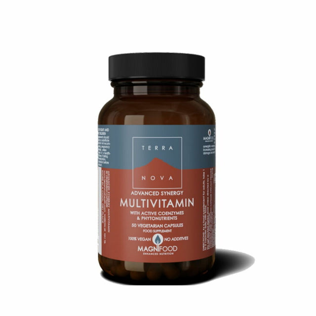 A comprehensive image of Terranova Advanced Synergy Multivitamin capsules showcasing 50 vegetarian capsules containing a blend of 37 vitamins, minerals, and accessory nutrients, including magnifood complex ingredients like spirulina, broccoli sprouts, and matcha, in a clear container highlighting the supplement’s rich, natural composition for optimal health support