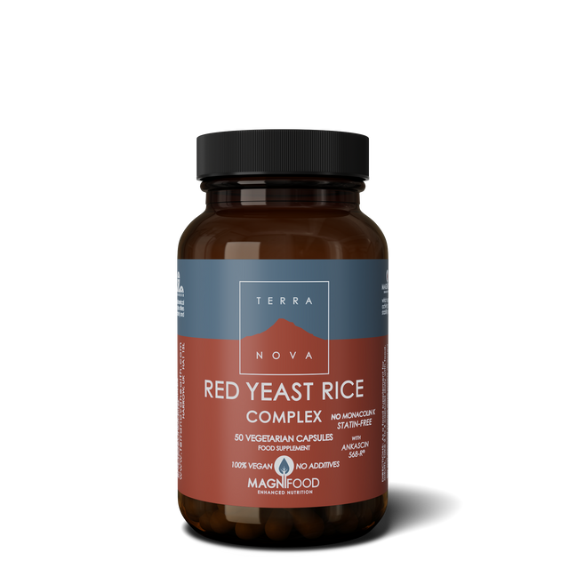 A close-up of Terranova Red Yeast Rice Complex capsules featuring a white label and vibrant packaging displaying the product name and ingredients
