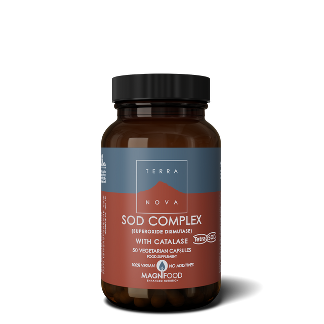 Image of Terranova SOD Complex with Catalase capsules containing superoxide dismutase, catalase, glutathione, phycocyanin, and a synergistic Magnifood plant blend including freeze-dried green barley grass, matcha green tea, broccoli sprouts, and aronia berry designed to support antioxidant activity and cellular health