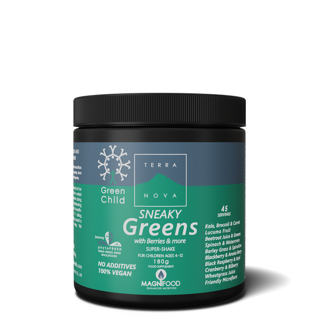 A 180g container of Terranova Sneaky Greens super-shake with a spoon, showcasing the colourful green powder blend of freeze-dried greens, berries, vegetables, microalgae, probiotics, and a scoop of the product on a white background