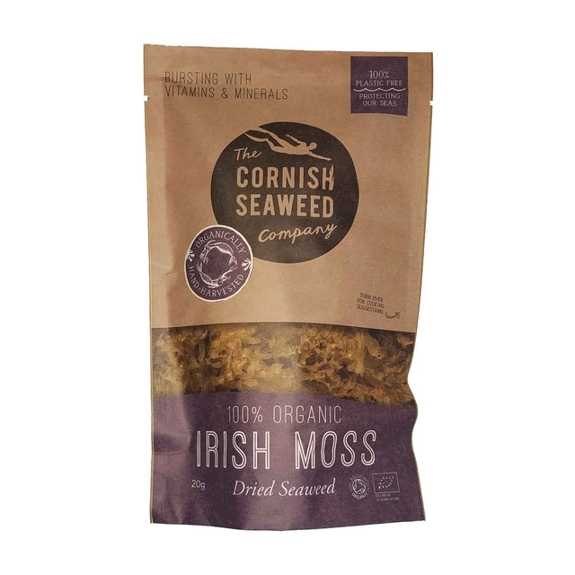 A 20g package of The Cornish Seaweed Company Organic Irish Moss seaweed, highlighting its natural, biodegradable, recyclable packaging designed for vegan culinary and skincare uses