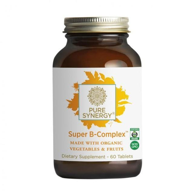 Organic Super B-Complex tablets containing all 8 essential B vitamins, choline, inositol, and PABA, designed to support energy, neurological health, and stress management in a natural, organic form