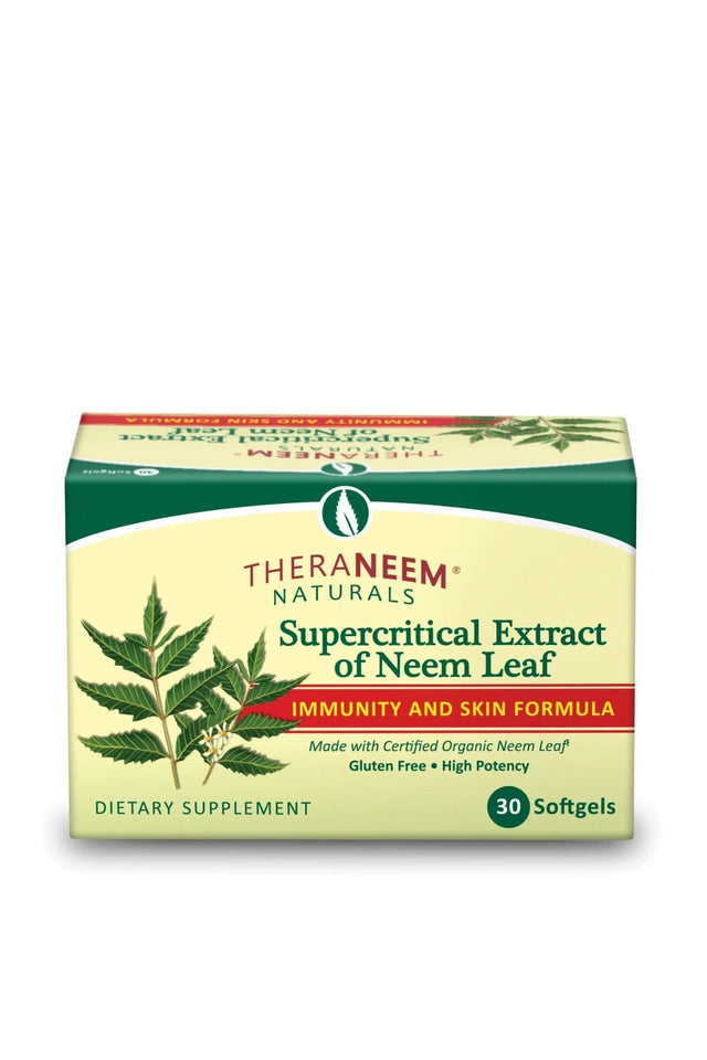 Image of Theraneem Naturals Supercritical Neem Leaf Extract softgels, showcasing organic Neem Leaf extract in a small, easy-to-swallow gelatin capsule for supporting skin and immune health