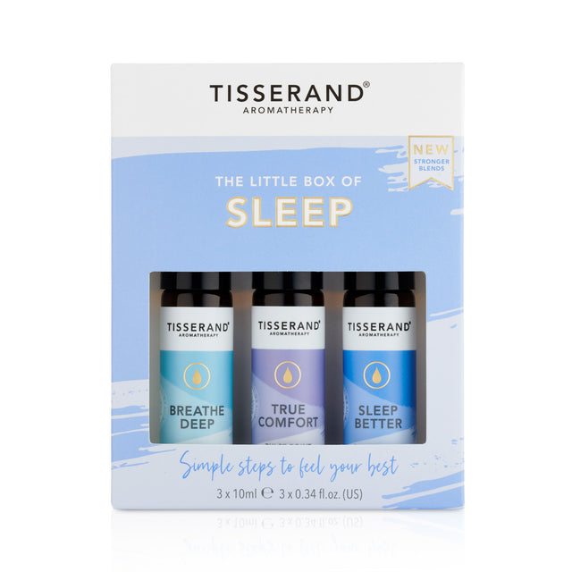 A set of three 10ml pulse point roller balls featuring natural essential oils for relaxation, sleep, and stress relief, including ingredients like lavender, bergamot, ylang ylang, orange, coriander, sandalwood, jasmine, and bergamot, designed to promote better breathing, relaxation, and restful sleep