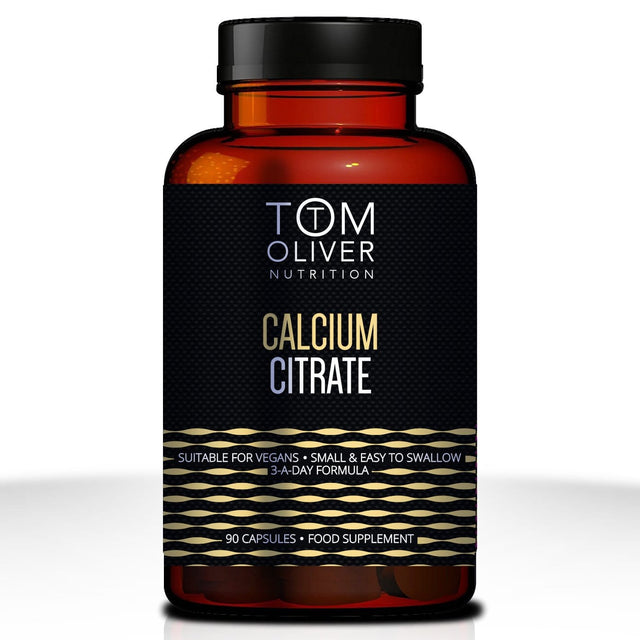 Calcium Citrate capsules by Tom Oliver Nutrition displaying their dairy-free, high bioavailable calcium content