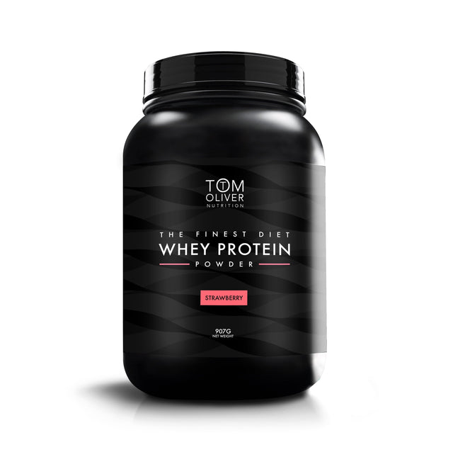 High-protein Strawberry Whey supplement in 907g container with green tea and L-Carnitine