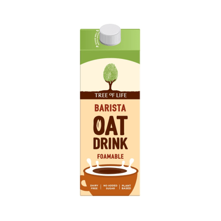 A 1L bottle of Tree Of Life Barista Oat Drink showcasing its smooth, creamy, and dairy-free nature, ideal for coffee and tea, made from wholegrain oats with natural sugars and beta-glucan fibers for cholesterol support