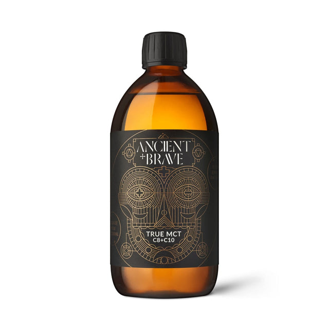 A 500ml bottle of Ancient and Brave True MCT oil showcasing its clear, light, and flavourless liquid form