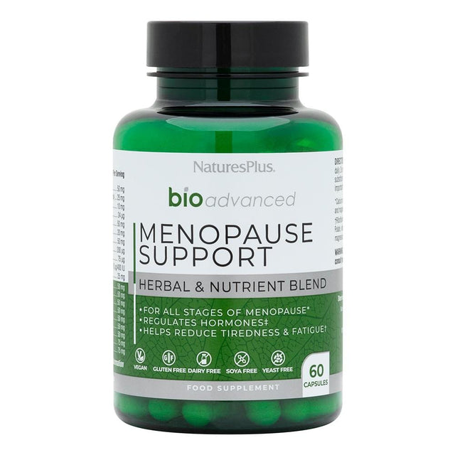 A close-up image of Nature's Plus Bioadvanced Menopause Support capsules in a glass jar, showcasing 60 vegan capsules made from whole food-based ingredients, including botanical extracts, calcium, magnesium, vitamin D, and B vitamins, designed to support hormonal regulation, reduce fatigue, and promote bone health during menopause