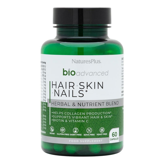 A close-up of the bottle of Nature's Plus Bioadvanced Hair Skin Nails capsules, showing 60 vegan capsules in a clear container with a white label featuring green and gold accents, highlighting ingredients like biotin, zinc, selenium, and botanical extracts, designed to support healthy hair, skin, and nails