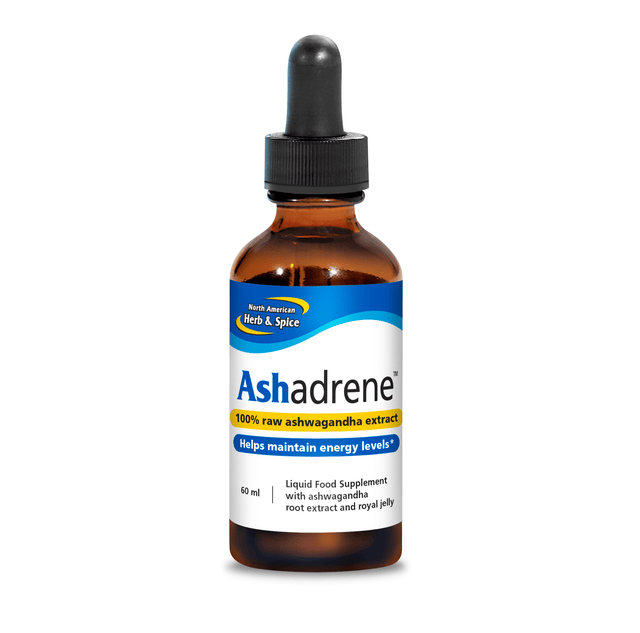 A 60ml bottle of North American Herb & Spice Ashadrene containing wild organic Ashwagandha extract with raw Royal Jelly and Oreganol P73, designed to support energy and adrenal health