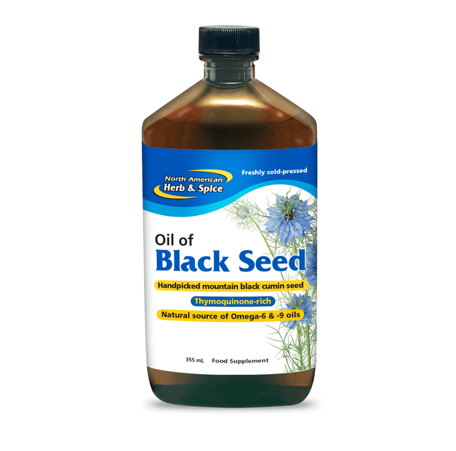 A 355ml bottle of North American Herb & Spice Blackseed Oil, showcasing its pure, raw, and ethically harvested Nigella Sativa extract rich in EFA's and sterols, with natural ingredients including wild rosemary, oregano, and organic garlic oils