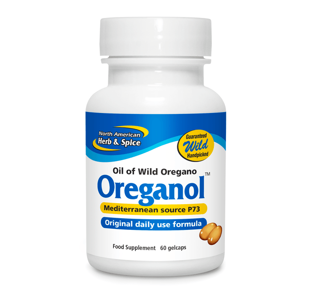 A close-up of North American Herb & Spice Oreganol P73 soft gel capsules highlighting the 120-count bottle containing pure, wild-harvested Mediterranean oregano oil capsules for immune support and natural wellness