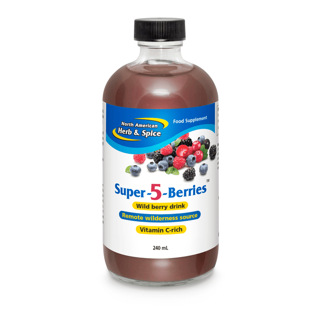 A 240ml bottle of North American Herb & Spice Super-5-Berries extract, featuring a vibrant label displaying images of wild berries such as blackberries, chokecherries, raspberries, and high-bush cranberries, highlighting its raw, wild, and ethically harvested qualities