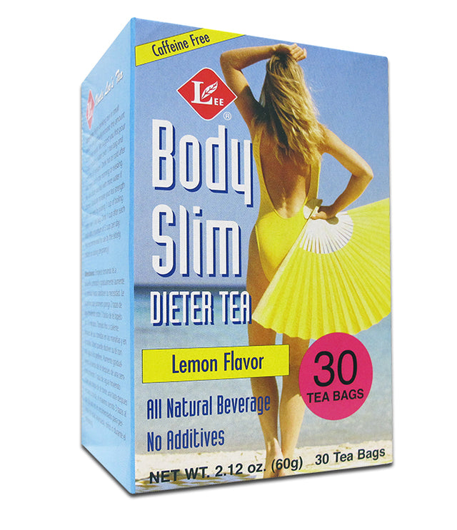 A box of Uncle Lees Body Slim Dieter Tea with lemon flavour, featuring 30 tea bags displayed alongside fresh lemon slices and dried herbs, highlighting natural ingredients and traditional Chinese herbal blend for healthy weight management
