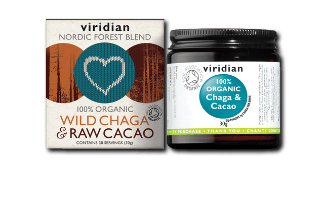 A 30g packet of Viridian Organic Chaga and Cacao featuring wild Nordic Chaga extract and Peruvian cacao for a nutrient-rich, organic beverage