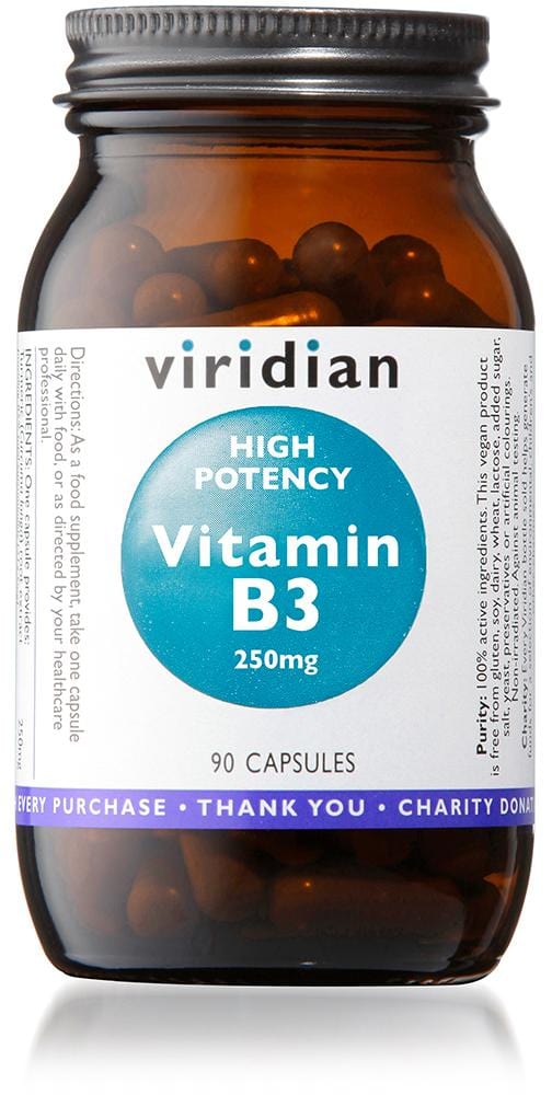 A vegan capsule of Viridian High Potency Vitamin B3 containing 250mg of vitamin B3 as nicotinic acid and nicotinamide, set against a background of natural ingredients including alfalfa, spirulina, and bilberry