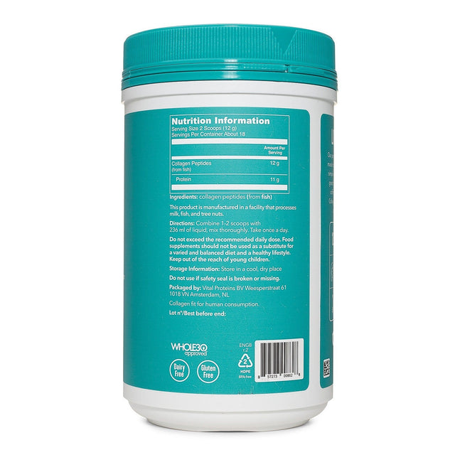 Marine Collagen supplement container showing 221g weight and fish-based ingredients, emphasising bioavailability