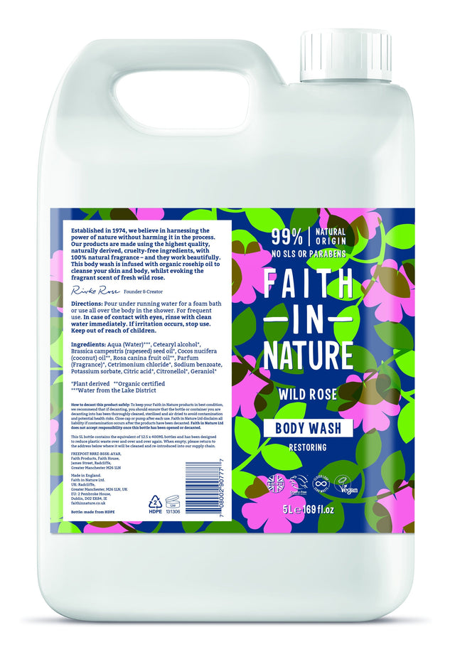 A 5-litre bottle of Faith in Nature Wild Rose Body Wash showcasing natural ingredients including sea salt, rosehip oil, and fragrance for gentle cleansing