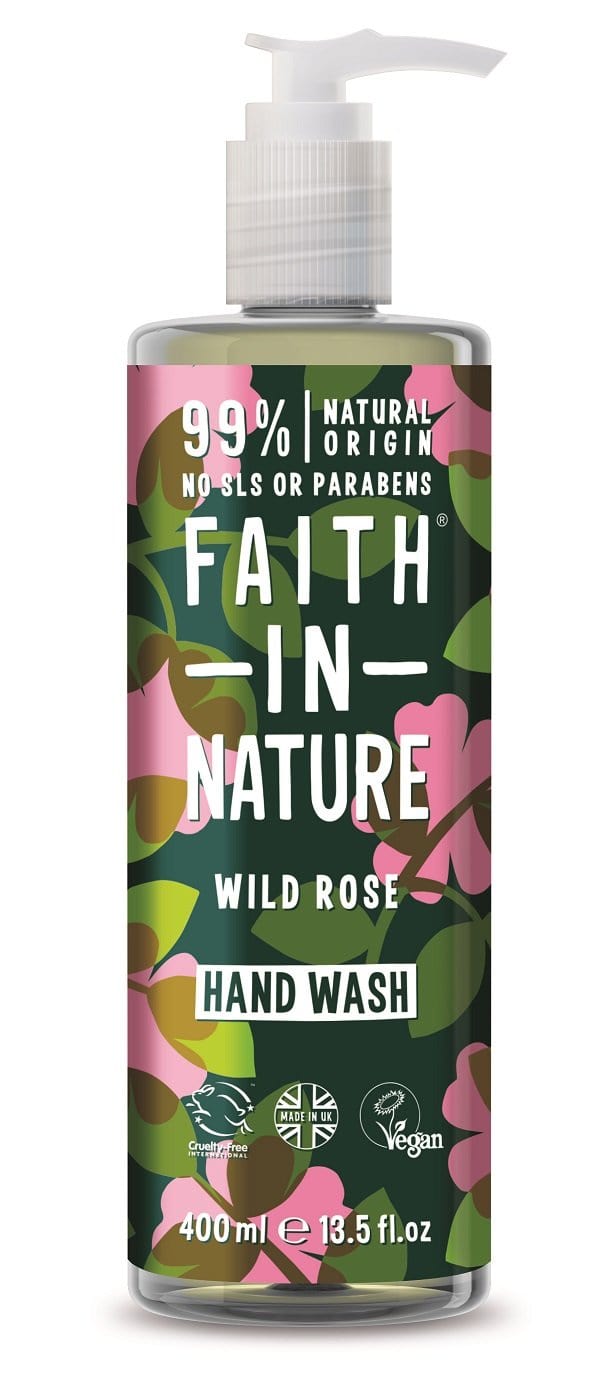 A 400ml bottle of Faith in Nature Wild Rose Hand Wash with floral and natural ingredients, including water, sea salt, plant-based surfactants, glycerin, organic wild rose fruit oil, and fragrance, designed for gentle hand cleansing