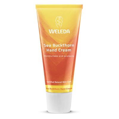 A 50ml tube of Weleda Sea Buckthorn Hand Cream with rich organic sea buckthorn oil, sesame oil, and a revitalising grapefruit, mandarin, and sandalwood fragrance, designed to protect, moisturise, and soften dry, rough hands quickly and effectively