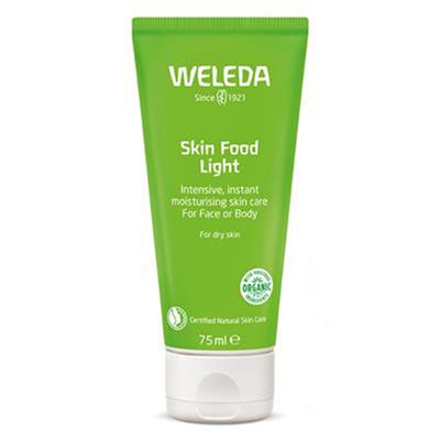 A 75ml bottle of Weleda Skin Food Light, a gentle, quickly-absorbing moisturiser with organic sunflower oil, wild pansy, chamomile, and calendula extracts, designed to nourish and soothe dry skin