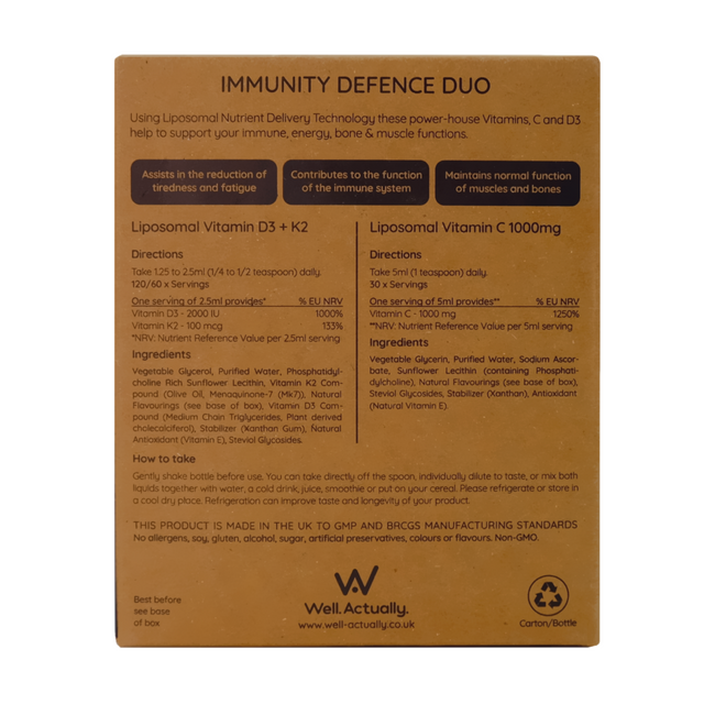 Well Actually Liposomal Immune Defence Duo - Vitamin C + D3 & K2, 2 x 150ml