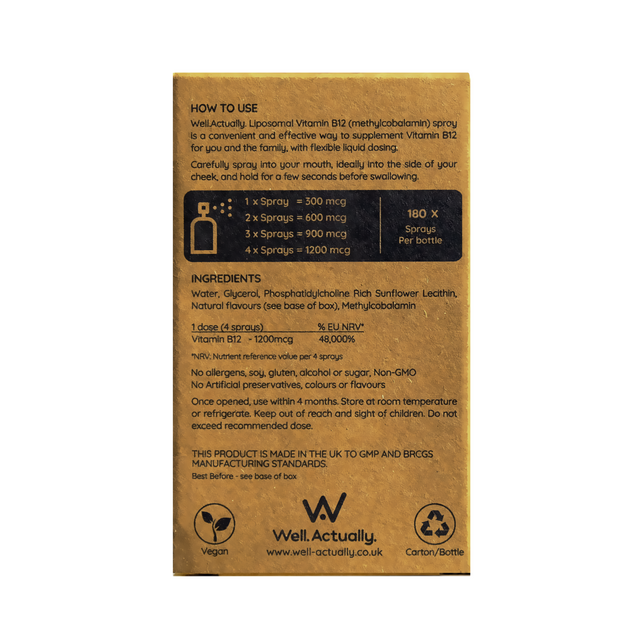 Well Actually Liposomal Vitamin B12 Methycobalamin (300 - 1200mcg) Truly Fruity Flavour Spray, 30ml