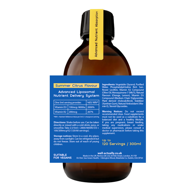 Close-up of the Well Actually Liposomal Vitamin D3 + K2 bottle showing the label and vibrant citrus branding