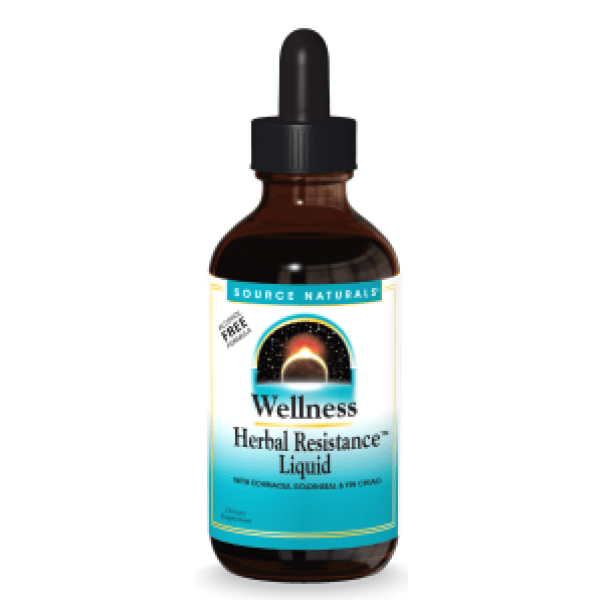 A 59ml bottle of Source Naturals Wellness Herbal Resistance liquid featuring a label with botanical illustrations of elderberry, echinacea, ginger, and other traditional Chinese herbs for immune support