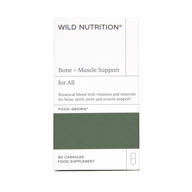 An image displaying the detailed label of Wild Nutrition Bone & Muscle Support supplement capsules with ingredients listed