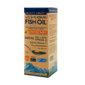 Rich orange coloured bottle of Wiley's Finest Orange Burst Liquid Fish Oil showing the product label with nutritional information and natural orange flavour