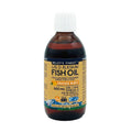 Image of a 60ml bottle of Wiley's Finest Orange Burst Fish Oil alongside fresh Alaskan Pollock illustrating the natural source of the omega-3 supplement