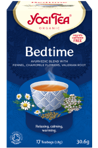 A box of Yogi Organic Bedtime Tea containing 17 herbal tea bags with lavender, valerian root, mint, sage, and other organic ingredients for soothing relaxation before sleep