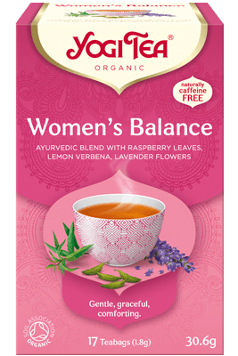 A cup of Yogi Tea Organic Womens Balance Tea with herbal ingredients and a teabag, promoting natural harmony